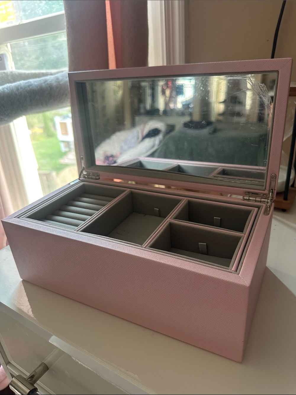 Pandora Pink Jewelry Organizer Box with Mirror and Multi-Compartment Interior